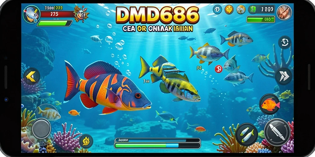 Screenshot gameplay DMD686 dengan aksi tembak ikan yang mendebarkan.