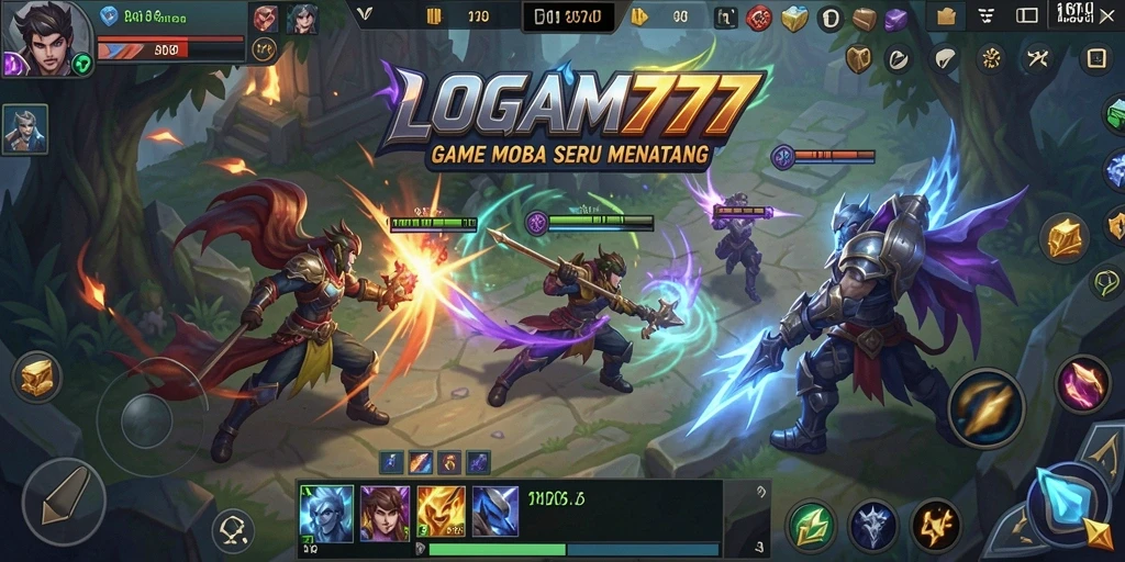 Tangkapan layar utama dari LOGAM777 yang menunjukkan aksi pertarungan MOBA.