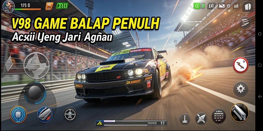 Screenshot gameplay V98 menampilkan kecepatan balapan yang mendebarkan.